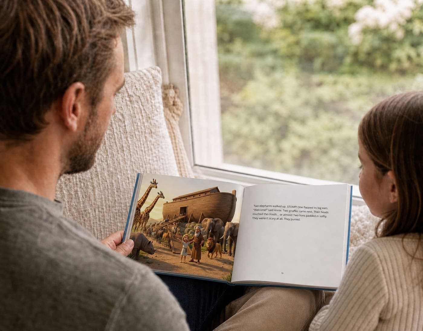 A father and daughter reading an open personalized Noah storybook together